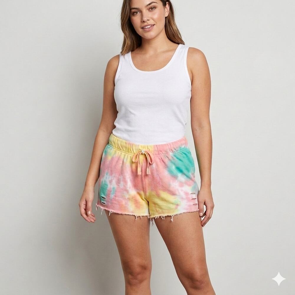 Jolie & Joy Pastel Tie Dye Distressed Shorts NWOT Pink Yellow Green Size Small
